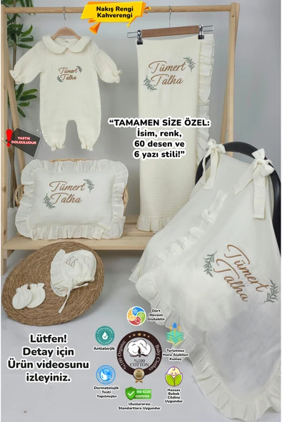 gros shop Müslin Yeni Doğan 4Katlı Organik %100Pamuk Kişiye Özgü Nakışlı Hastane Çıkış Seti(İki Dallı Model-2) ürün görseli