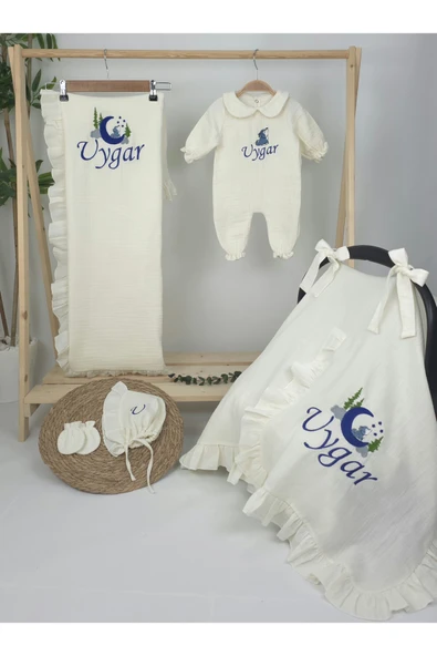 gros shop Müslin Yeni Doğan 4Katlı Organik %100Pamuk Kişiye Özgü Nakışlı Hastane Çıkış Seti (Kurt Model-2) ürün görseli