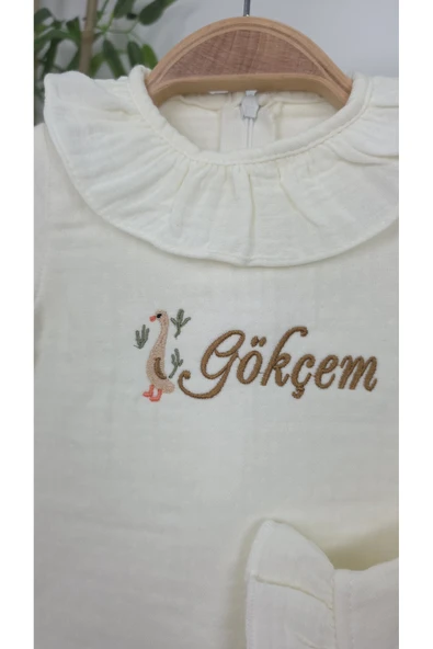 gros shop Müslin Yeni Doğan 4Katlı Organik %100Pamuk Kişiye Özgü Nakışlı Hastane Çıkış Seti(Ördek Model-1) - 3