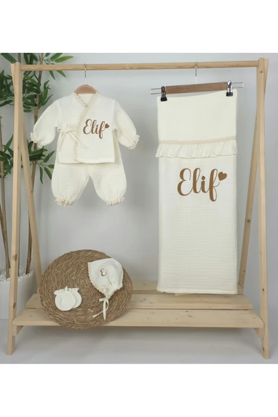 gros shop Müslin Yeni Doğan 4Katlı Organik %100Pamuk Kişiye Özgü Nakışlı Hastane Çıkış Seti (Kalpli Model-8) - Resim 2