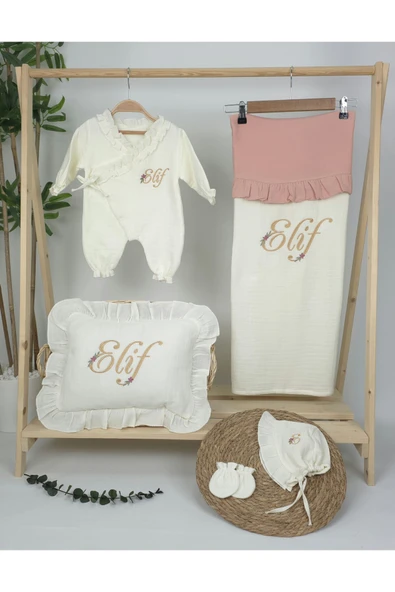 gros shop Müslin Yeni Doğan 4Katlı Organik %100Pamuk Kişiye Özgü Nakışlı Hastane Çıkış Seti (Papatya Model-7) - Resim 2