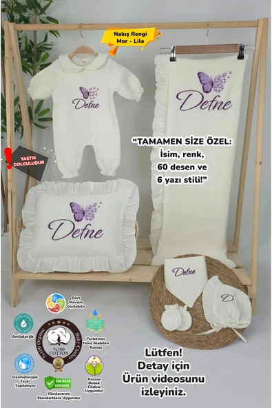 gros shop Müslin Yeni Doğan 4Katlı Organik %100Pamuk Kişiye Özgü Nakışlı Hastane Çıkış Seti-Çoklu Kelebek ürün görseli