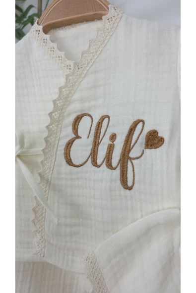 gros shop Müslin Yeni Doğan 4Katlı Organik %100Pamuk Kişiye Özgü Nakışlı Hastane Çıkış Seti (Kalpli Model-8) - Resim 3