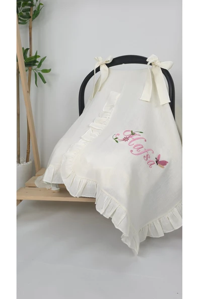 gros shop Müslin Yeni Doğan 4Katlı Organik %100Pamuk Kişiye Özgü Nakışlı Hastane Çıkış Seti(Kelebekli Papatya) ürün görseli