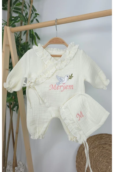 gros shop Müslin Yeni Doğan 4Katlı Organik %100Pamuk Kişiye Özgü Nakışlı Hastane Çıkış Setİ (Kuş Model-3) - Resim 4