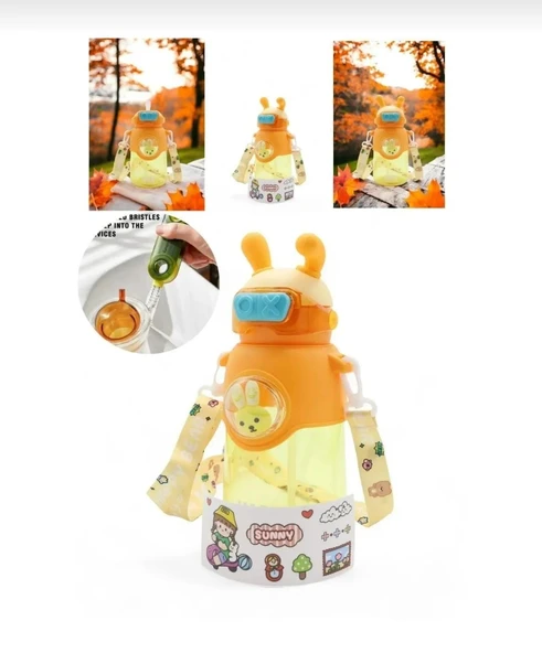 Kaliteli Astronot Tavşan Figürlü Matara Etiket Hediyeli Okul Çocuk Suluğu Pipetli 750ml SARI RENK