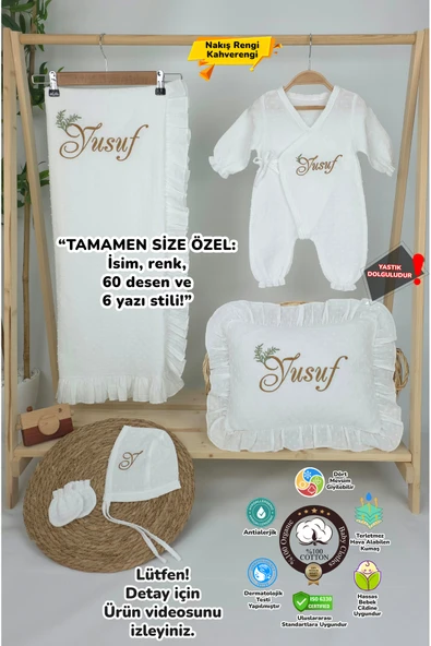 gros shop Müslin Yeni Doğan 2Katlı Organik %100Pamuk Kişiye Özgü Nakışlı Hastane Çıkış Seti(İkili Dal Model-3) ürün görseli