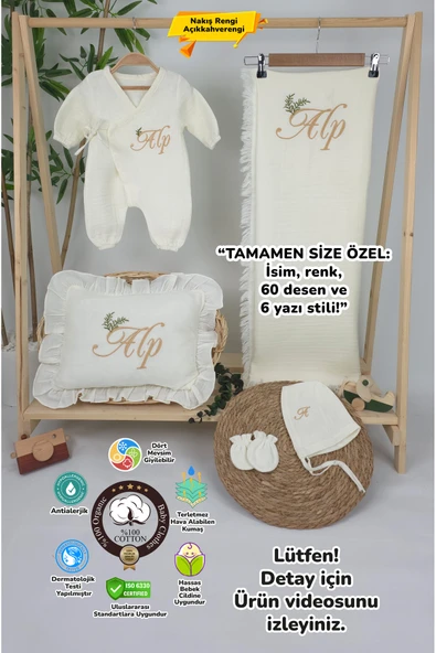 gros shop Müslin Yeni Doğan 4Katlı Organik %100Pamuk Kişiye Özgü Nakışlı Hastane Çıkış Seti(İki Dallı Model-4) ürün görseli