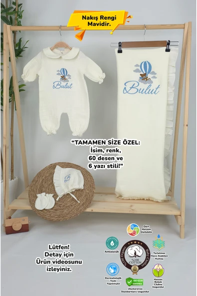 gros shop Müslin Yeni Doğan 4Katlı Organik %100Pamuk Kişiye Özgü Nakışlı Hastane Çıkış Seti (Ayıcık Model-3) ürün görseli