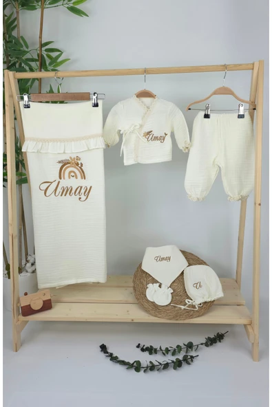 gros shop Müslin Yeni Doğan 4Katlı Organik %100Pamuk Kişiye Özgü Nakışlı Hastane Çıkış Seti(Gökkuşağı Model1) - Resim 2