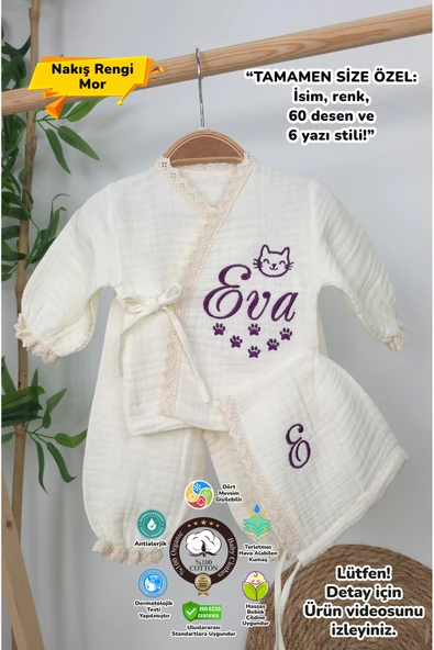 gros shop Müslin Yeni Doğan 4Katlı Organik %100Pamuk Kişiye Özgü Nakışlı Hastane Çıkış Seti (Pati Model-2) ürün görseli