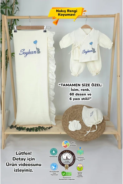 gros shop Müslin Yeni Doğan 4Katlı Organik %100Pamuk Kişiye Özgü Nakışlı Hastane Çıkış Seti (Filli Model-2) ürün görseli