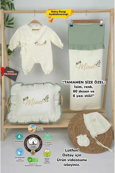 gros shop Müslin Yeni Doğan 4Katlı Organik %100Pamuk Kişiye Özgü Nakışlı Hastane Çıkış Seti (Güllü Model-4) ürün görseli