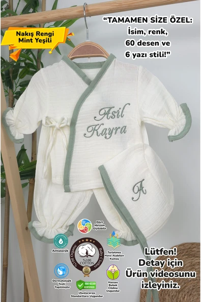 gros shop Müslin Yeni Doğan 4Katlı Organik %100Pamuk Kişiye Özgü Nakışlı Hastane Çıkış Seti (Yeşil Biyeli-1) ürün görseli