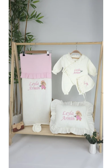 gros shop Müslin Yeni Doğan 4Katlı Organik %100Pamuk Kişiye Özgü Nakışlı Hastane Çıkış Seti-Tavşan Model-1 - 2
