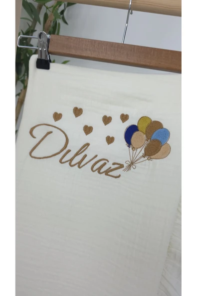 gros shop Müslin Yeni Doğan 4Katlı Organik %100Pamuk Kişiye Özgü Nakışlı Hastane Çıkış Seti (Çoklu Balon) - Resim 3