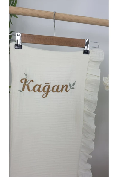 gros shop Müslin Yeni Doğan 4Katlı Organik %100Pamuk Kişiye Özgü Nakışlı Hastane Çıkış Seti (Yaprak Desen-2) - Resim 3