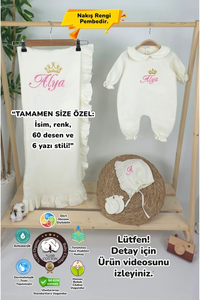 gros shop Müslin Yeni Doğan 4Katlı Organik %100Pamuk Kişiye Özgü Nakışlı Hastane Çıkış Seti-Taçlı Gold ürün görseli