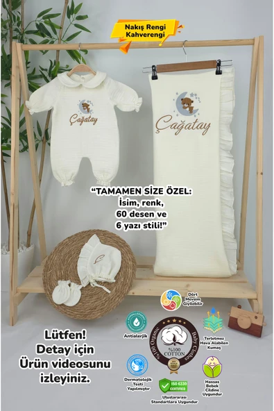 gros shop Müslin Yeni Doğan 4Katlı Organik %100Pamuk Kişiye Özgü Nakışlı Hastane Çıkış Seti (Ayıcık Model 4) ürün görseli