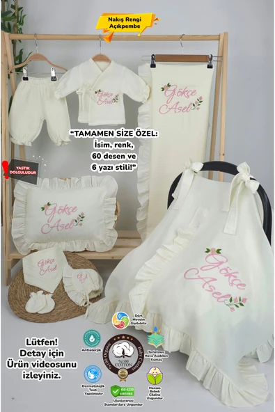 gros shop Müslin Yeni Doğan 4Katlı Organik %100Pamuk Kişiye Özgü Nakışlı Hastane Çıkış Seti (Güllü Model-2) ürün görseli