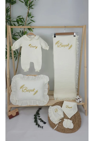 gros shop Müslin Yeni Doğan 4Katlı Organik %100Pamuk Kişiye Özgü Nakışlı Hastane Çıkış Seti-Başak Model - Resim 2