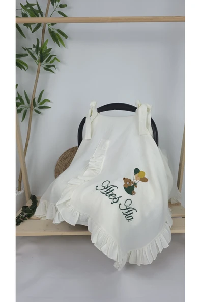 gros shop Müslin Yeni Doğan 4Katlı Organik %100Pamuk Kişiye Özgü Nakışlı Hastane Çıkış Seti-Yeşil Ayıcık Balon - Resim 2