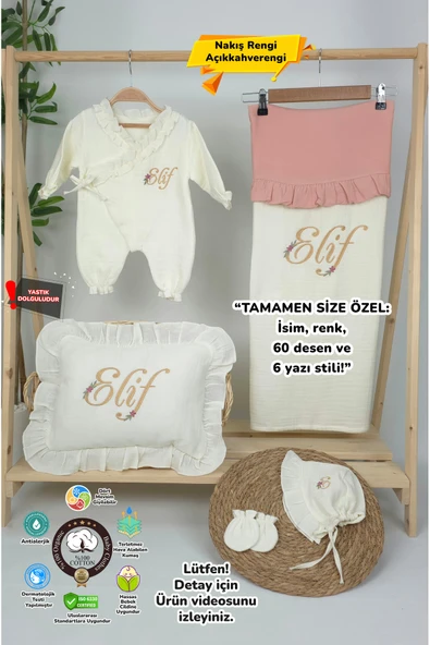 gros shop Müslin Yeni Doğan 4Katlı Organik %100Pamuk Kişiye Özgü Nakışlı Hastane Çıkış Seti (Papatya Model-7) ürün görseli