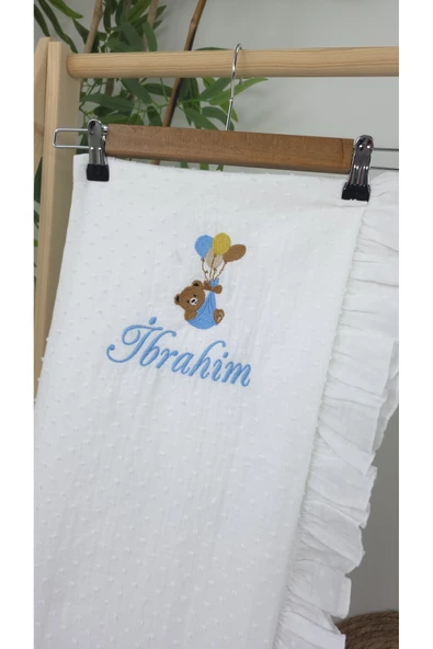 gros shop Müslin Yeni Doğan 4Katlı Organik %100Pamuk Kişiye Özgü Nakışlı Hastane Çıkış Seti-Ayıcık Model - Resim 3