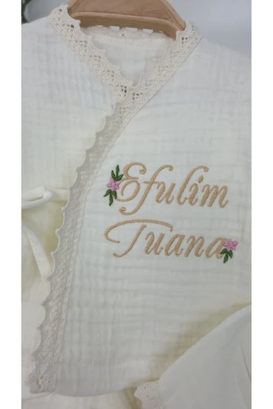 gros shop Müslin Yeni Doğan 4Katlı Organik %100Pamuk Kişiye Özgü Nakışlı Hastane Çıkış Seti (Papatya Model-6) - Resim 2