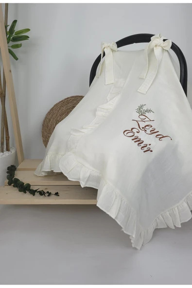 gros shop Müslin Yeni Doğan 4Katlı Organik %100Pamuk Kişiye Özgü Nakışlı Hastane Çıkış Seti(İkili Dal Model-5) - 3