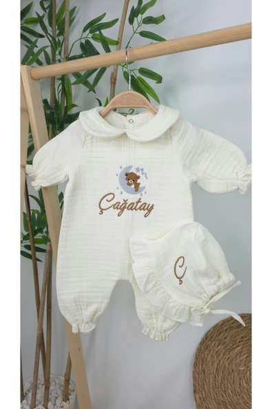 gros shop Müslin Yeni Doğan 4Katlı Organik %100Pamuk Kişiye Özgü Nakışlı Hastane Çıkış Seti (Ayıcık Model 4) - Resim 3