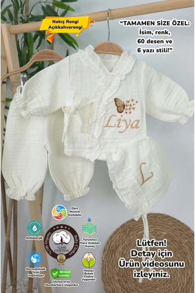 gros shop Müslin Yeni Doğan 4Katlı Organik %100Pamuk Kişiye Özgü Nakışlı Hastane Çıkış Seti-Çoklu Kelebek-2 ürün görseli