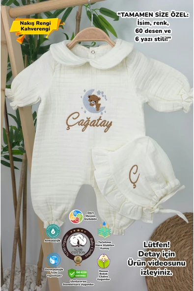gros shop Müslin Yeni Doğan 4Katlı Organik %100Pamuk Kişiye Özgü Nakışlı Hastane Çıkış Seti (Ayıcık Model 4) - 1