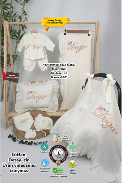 gros shop Müslin Yeni Doğan 4Katlı Organik %100Pamuk Kişiye Özgü Nakışlı Hastane Çıkış Seti(Çiçekli Model-1) ürün görseli