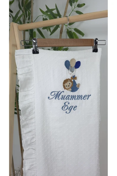 gros shop Müslin Yeni Doğan 4Katlı Organik %100Pamuk Kişiye Özgü Nakışlı Hastane Çıkış Seti (Balonlu Aslan) - Resim 3