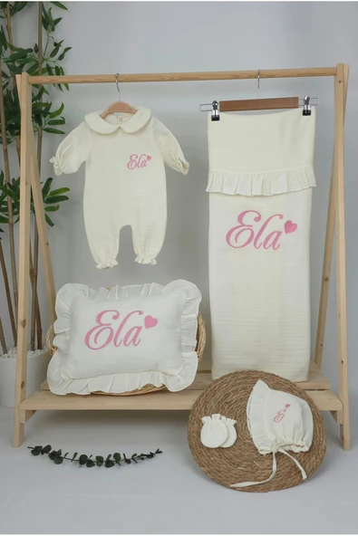 gros shop Müslin Yeni Doğan 4Katlı Organik %100Pamuk Kişiye Özgü Nakışlı Hastane Çıkış Seti (Kalpli Model-4) - Resim 2