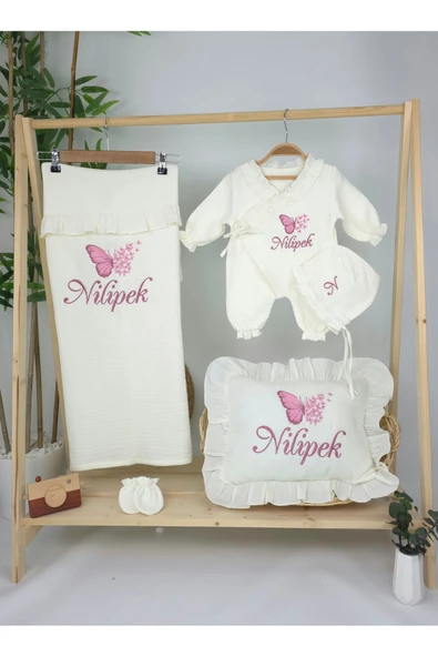gros shop Müslin Yeni Doğan 4Katlı Organik %100Pamuk Kişiye Özgü Nakışlı Hastane Çıkış Seti (Çoklu Kelebek-2) - Resim 2
