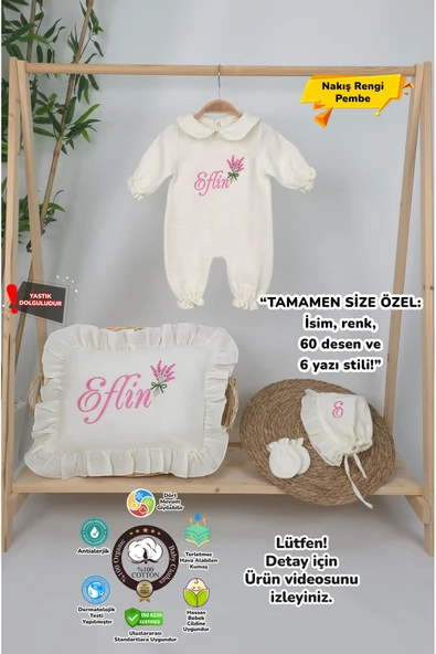 gros shop Müslin Yeni Doğan 4Katlı Organik %100Pamuk Kişiye Özgü Nakışlı Hastane Çıkış Seti (Lavanta Modeli) ürün görseli