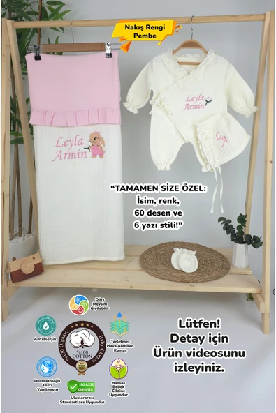 gros shop Müslin Yeni Doğan 4Katlı Organik %100Pamuk Kişiye Özgü Nakışlı Hastane Çıkış Seti-Tavşan Model-1 ürün görseli