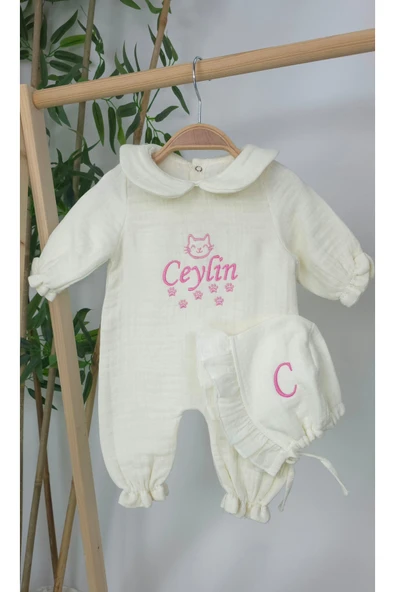 gros shop Müslin Yeni Doğan 4Katlı Organik %100Pamuk Kişiye Özgü Nakışlı Hastane Çıkış Seti (Kedi Patisi) - Resim 3