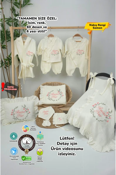 gros shop Müslin Yeni Doğan 4Katlı Organik %100Pamuk Kişiye Özgü Nakışlı Hastane Çıkış Seti (Çiçek Model-2) ürün görseli