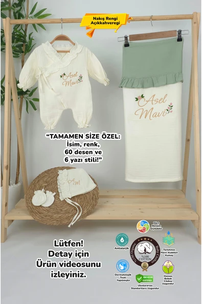 gros shop Müslin Yeni Doğan 4Katlı Organik %100Pamuk Kişiye Özgü Nakışlı Hastane Çıkış Seti (Güllü Model-5) - 1
