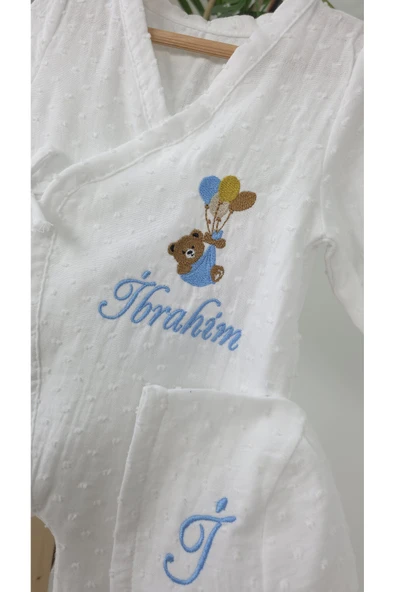 gros shop Müslin Yeni Doğan 4Katlı Organik %100Pamuk Kişiye Özgü Nakışlı Hastane Çıkış Seti-Ayıcık Model - Resim 4