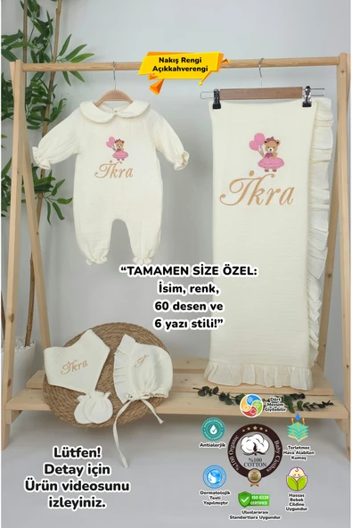 gros shop Müslin Yeni Doğan 4Katlı Organik %100Pamuk Kişiye Özgü Nakışlı Hastane Çıkış Seti (Ayıcık Model-5) - 1