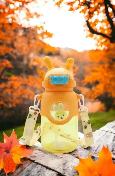 Kaliteli Astronot Tavşan Figürlü Matara Etiket Hediyeli Okul Çocuk Suluğu Pipetli 750ml SARI RENK - 2