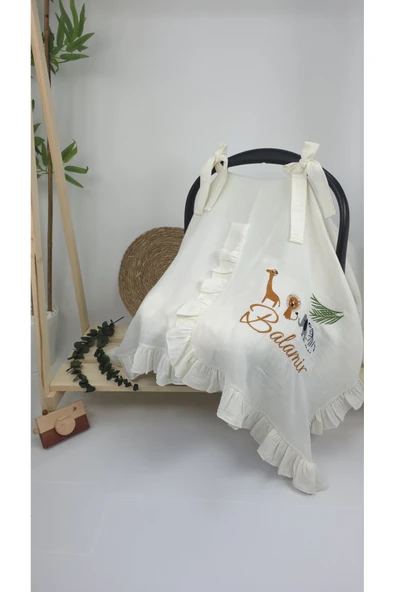 gros shop Müslin Yeni Doğan 4Katlı Organik %100Pamuk Kişiye Özgü Nakışlı Hastane Çıkış Seti-Safari Model - Resim 2