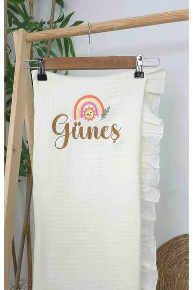 gros shop Müslin Yeni Doğan 4Katlı Organik %100Pamuk Kişiye Özgü Nakışlı Hastane Çıkış Seti(Gökkuşağı Model-3) - Resim 3