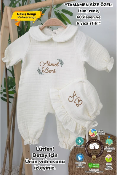 gros shop Müslin Yeni Doğan 4Katlı Organik %100Pamuk Kişiye Özgü Nakışlı Hastane Çıkış Seti (Dal Modell-2) ürün görseli