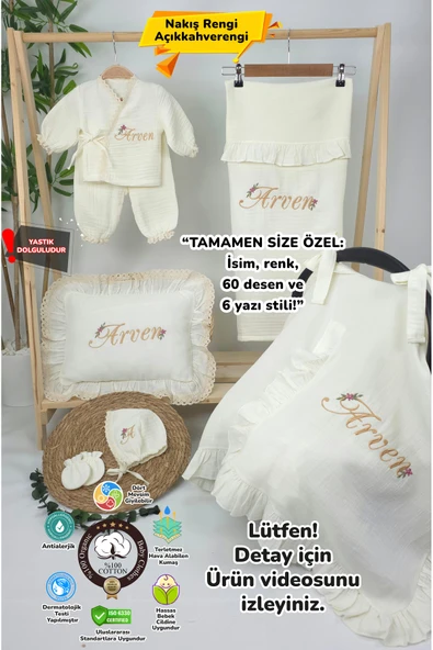 gros shop Müslin Yeni Doğan 4Katlı Organik %100Pamuk Kişiye Özgü Nakışlı Hastane Çıkış Seti-Papatya ürün görseli