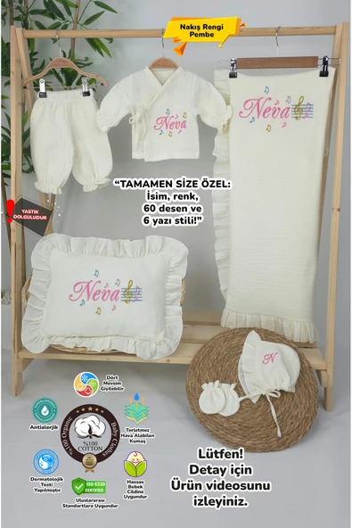 gros shop Müslin Yeni Doğan 4Katlı Organik %100Pamuk Kişiye Özgü Nakışlı Hastane Çıkış Seti (Nota Model) ürün görseli